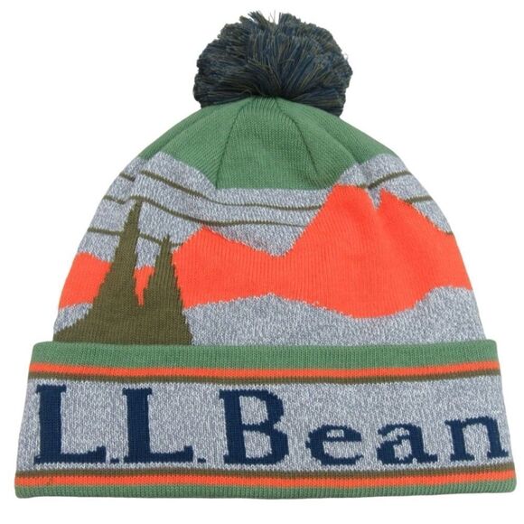 L.L Bean Vibrant Sea Green Katahdin Pom Graphic Knit Beanie Cap Vintage Unisex - Picture 1 of 1